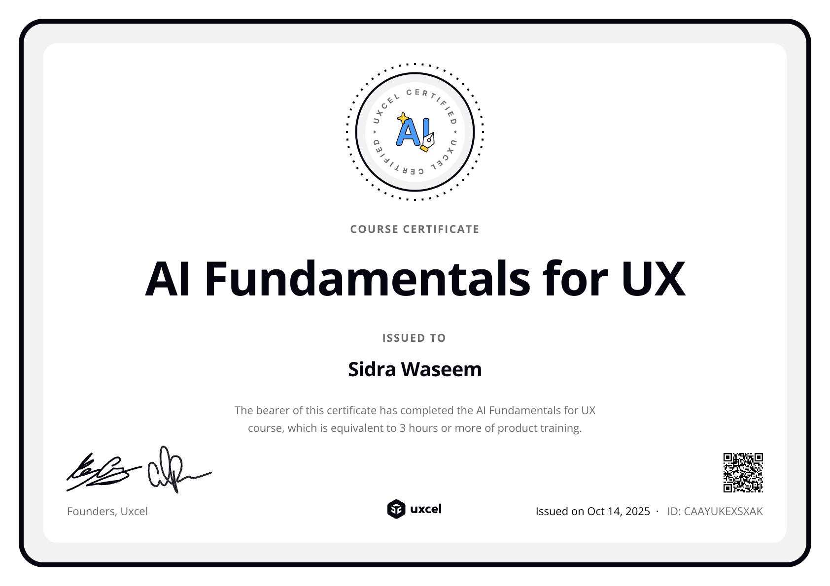 Sidra Waseem's certificate